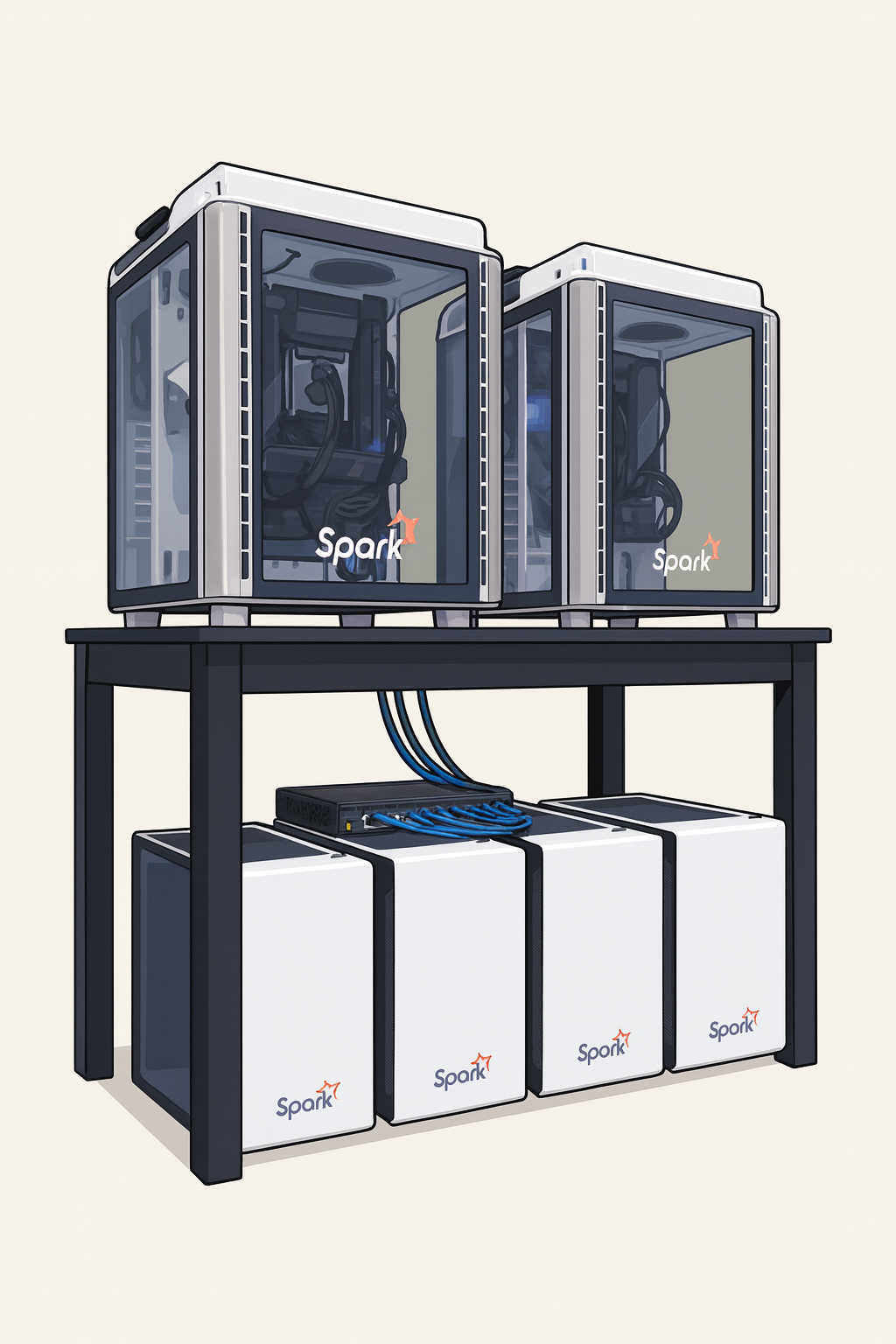 A server rack glowing in warm light